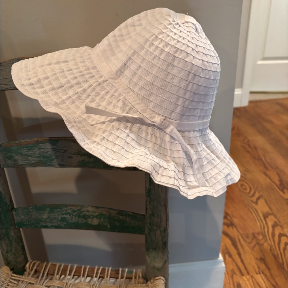 White Women's Sun Hat with Ribbon Trim
